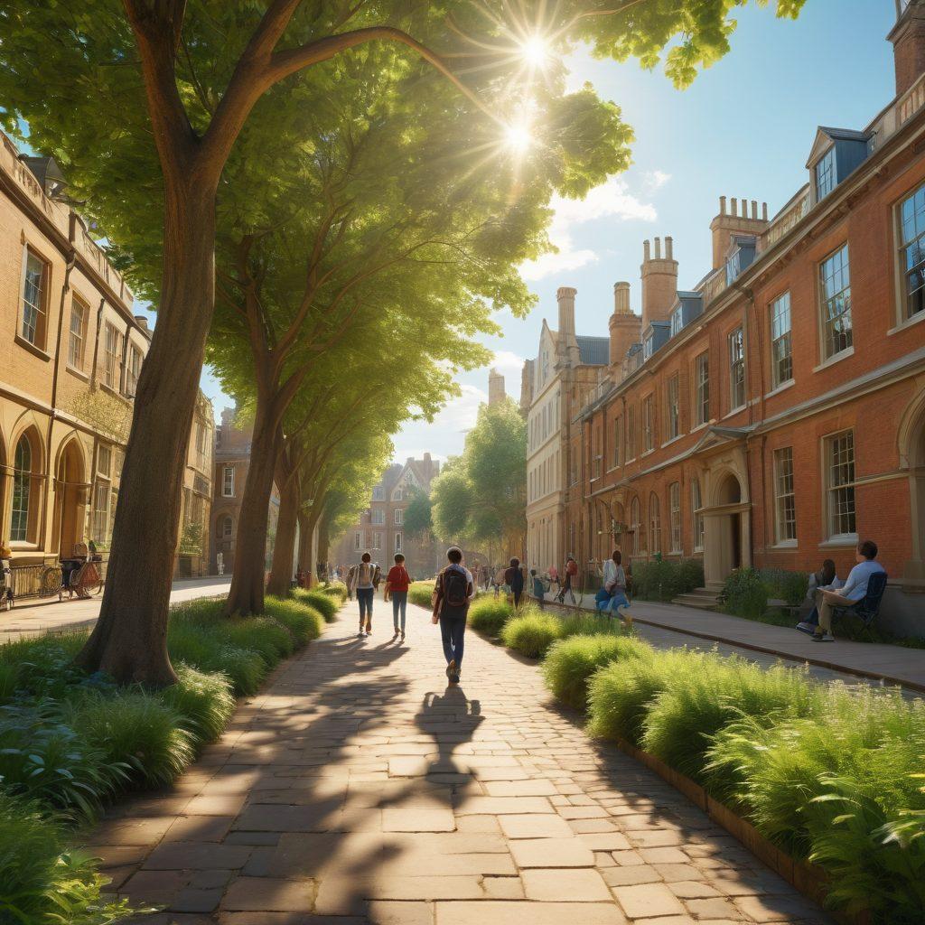 A picturesque view of the historic streets of Cambridge, showcasing students passionately engaged in outdoor learning, surrounded by lush greenery and iconic university buildings. The scene captures the vibrancy of a diverse group of learners, with books and technology in hand, immersed in discussions. Soft sunlight filters through the trees, highlighting the energy of education. super-realistic. vibrant colors. 3D.
