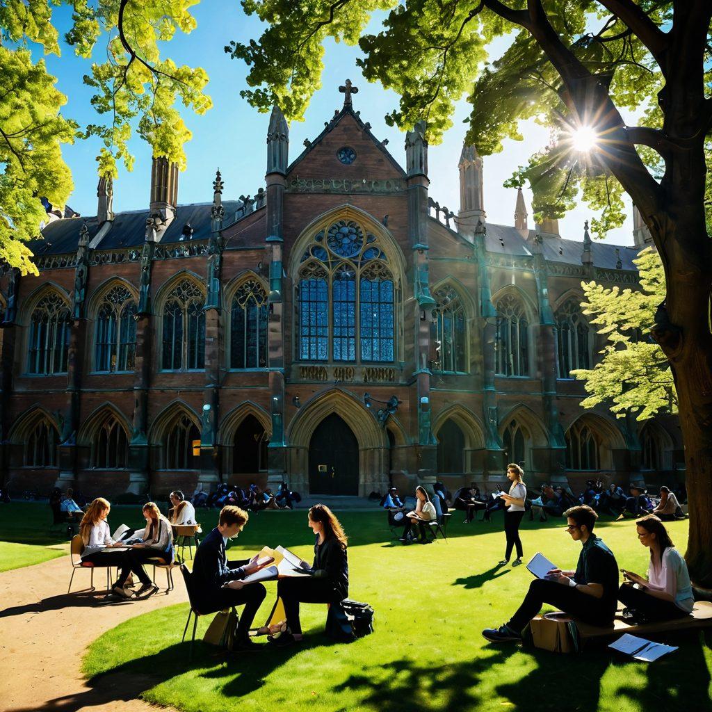 A vibrant scene of diverse students engaged in enthusiastic discussions on the verdant University of Cambridge campus, surrounded by iconic Gothic architecture. Bright sunlight filters through the trees, creating a cheerful atmosphere with students holding books and laptops, symbolizing innovation and enlightenment. Include elements of collaboration and inspiration, like thought bubbles with light bulbs. super-realistic. vibrant colors.