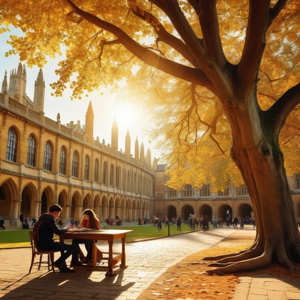 A bustling Cambridge university scene featuring vibrant students engaging in discussions under ancient trees, iconic architecture in the background, books and laptops scattered around, and a warm golden sunlight illuminating the joy of learning. Include elements of innovation like digital interfaces and creative projects in the foreground. super-realistic. vibrant colors. warm tones.